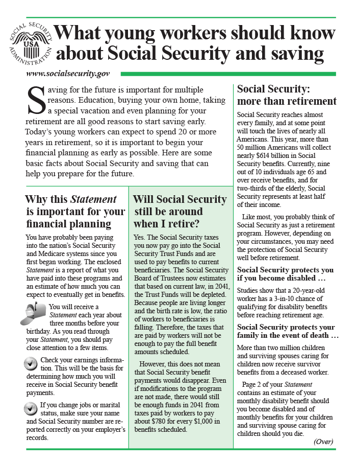 What young workers should know about Social Security and saving insert, page 1