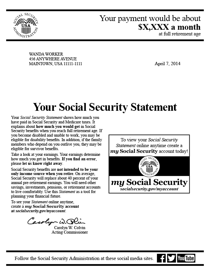 Sample first page of the 2014 Social Security Statement for younger workers