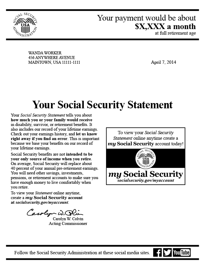 Sample first page of the 2014 Social Security Statement for midcareer workers