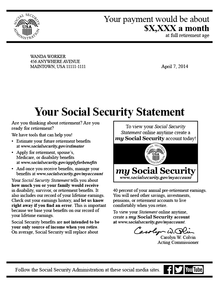 Sample first page of the 2014 Social Security Statement for older workers